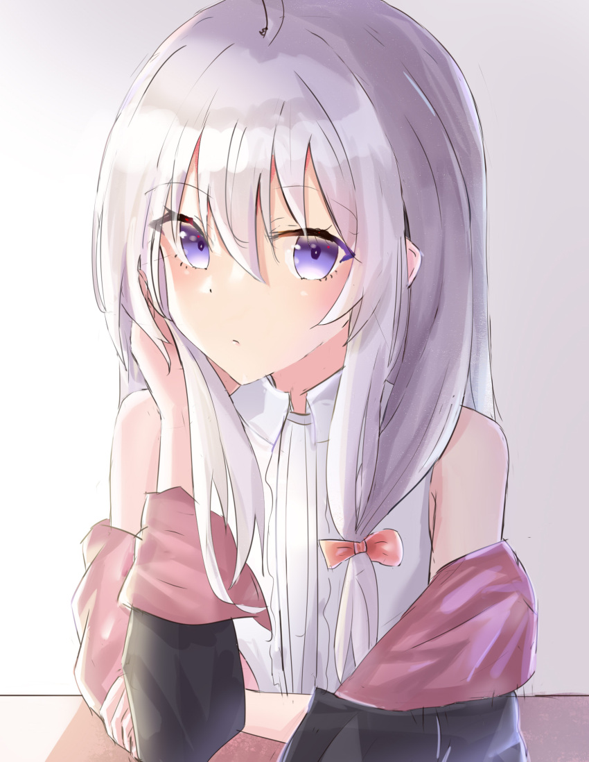 1girl, bangs, bare_shoulders, black_robe, blue_eyes, bow, center_frills, closed_mouth
