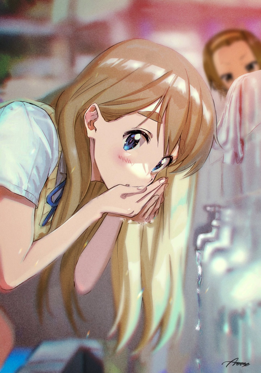 2girls, :o, bangs, blonde_hair, blue_eyes, blue_ribbon, blurry, blurry_background