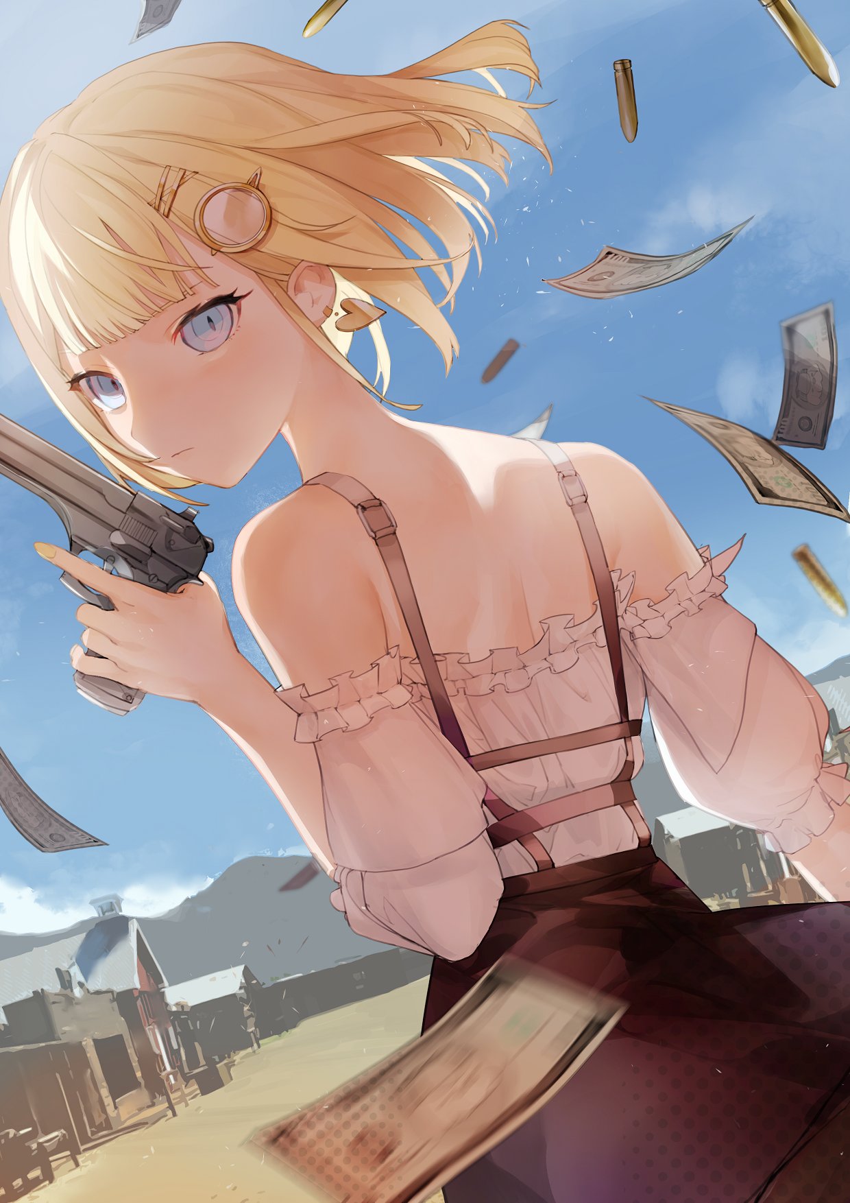 1girl, back, bare_shoulders, blonde_hair, blue_eyes, brown_skirt, earrings, frilled_blouse