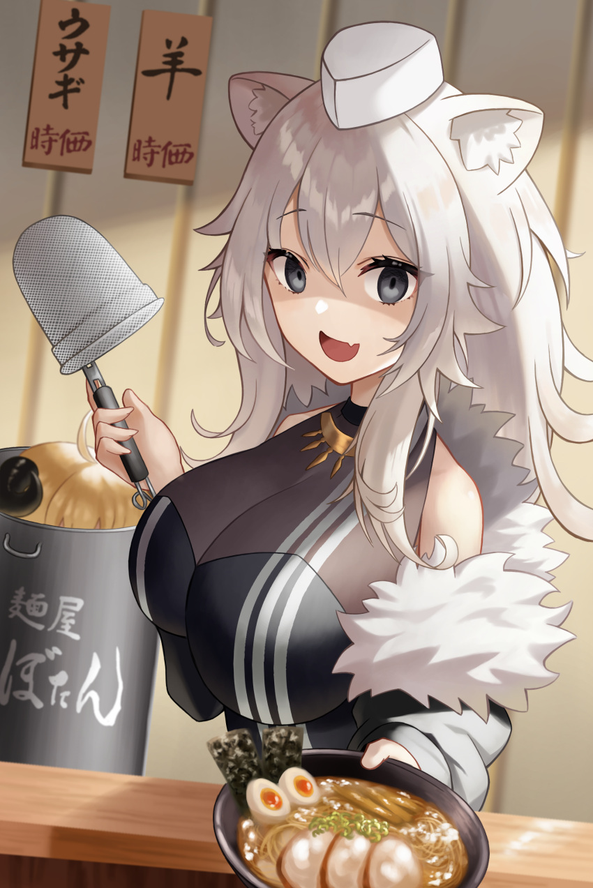 2girls, :d, absurdres, ahoge, animal_ears, bangs, bare_shoulders, black_shirt