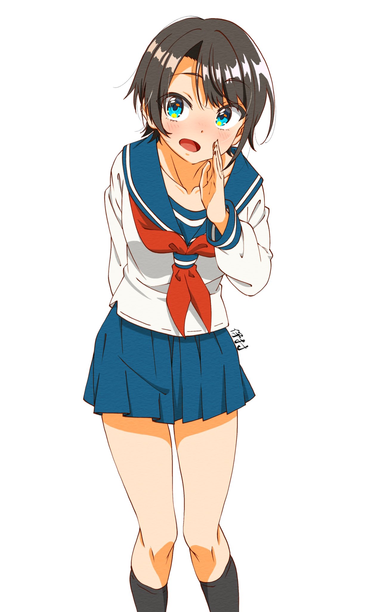 1girl, alternate_costume, aqua_eyes, arm_behind_back, bangs, black_legwear, blue_skirt, blush