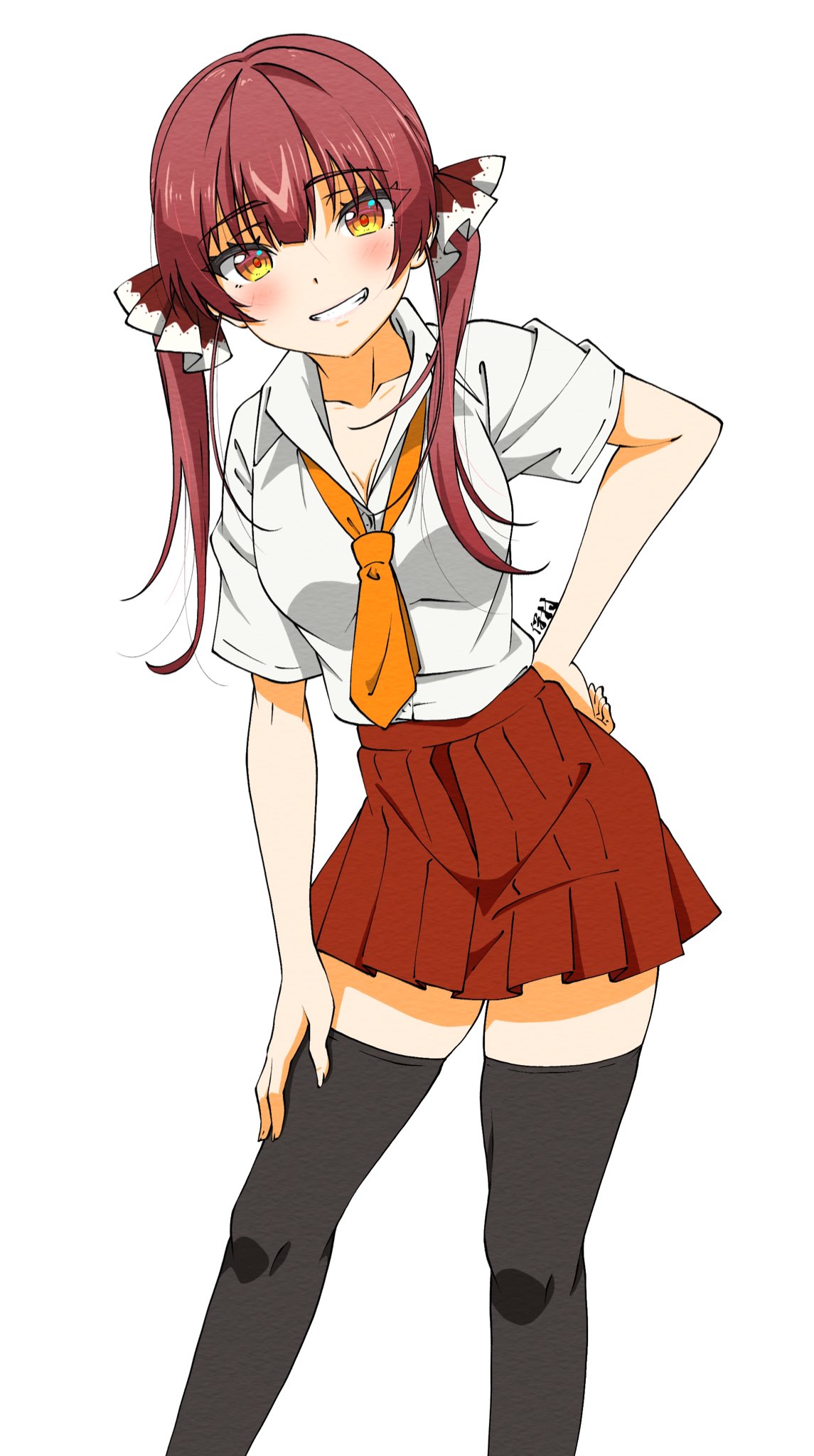 1girl, alternate_costume, bangs, black_legwear, blush, breasts, collared_shirt, commentary_request