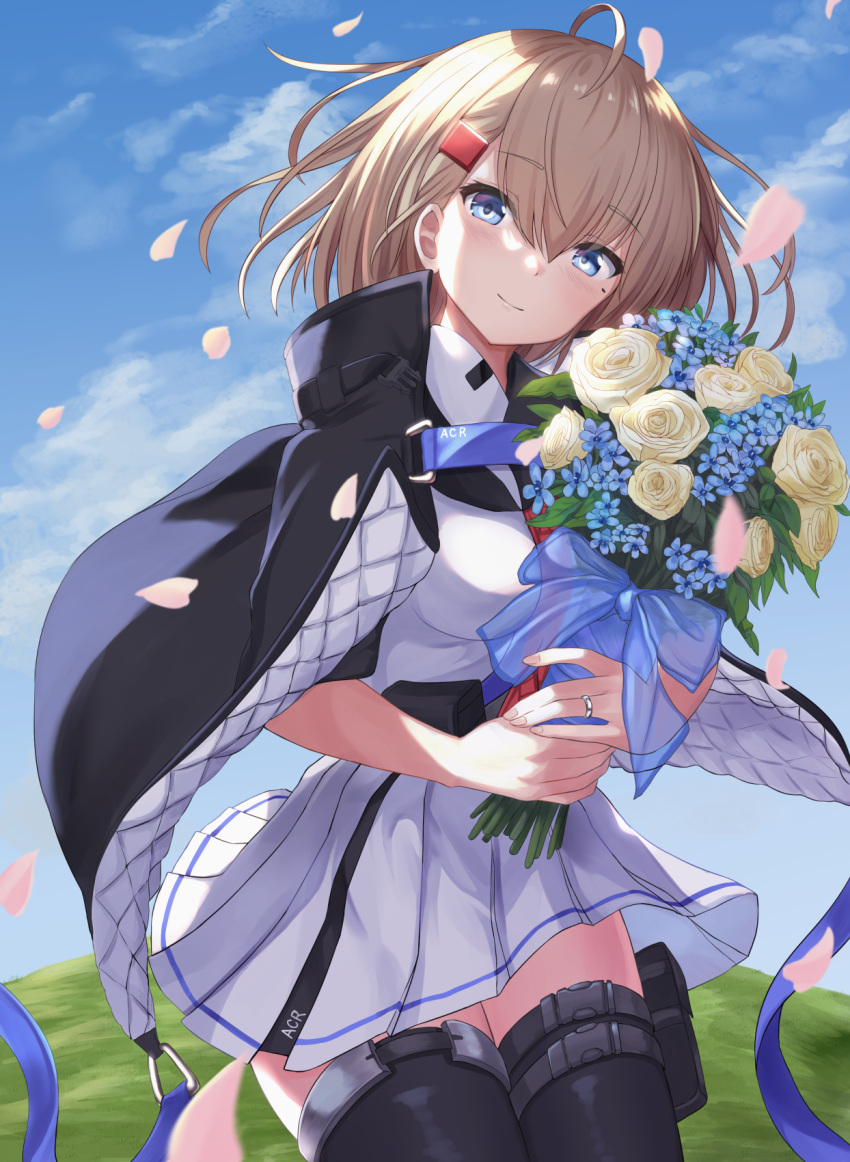 1girl, acr_(girls_frontline), ahoge, akabane_hibame, blonde_hair, blue_eyes, bouquet, character_name