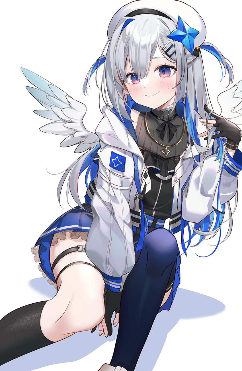 1girl, amane_kanata, angel, angel_wings, asymmetrical_legwear, bangs, beret, between_legs