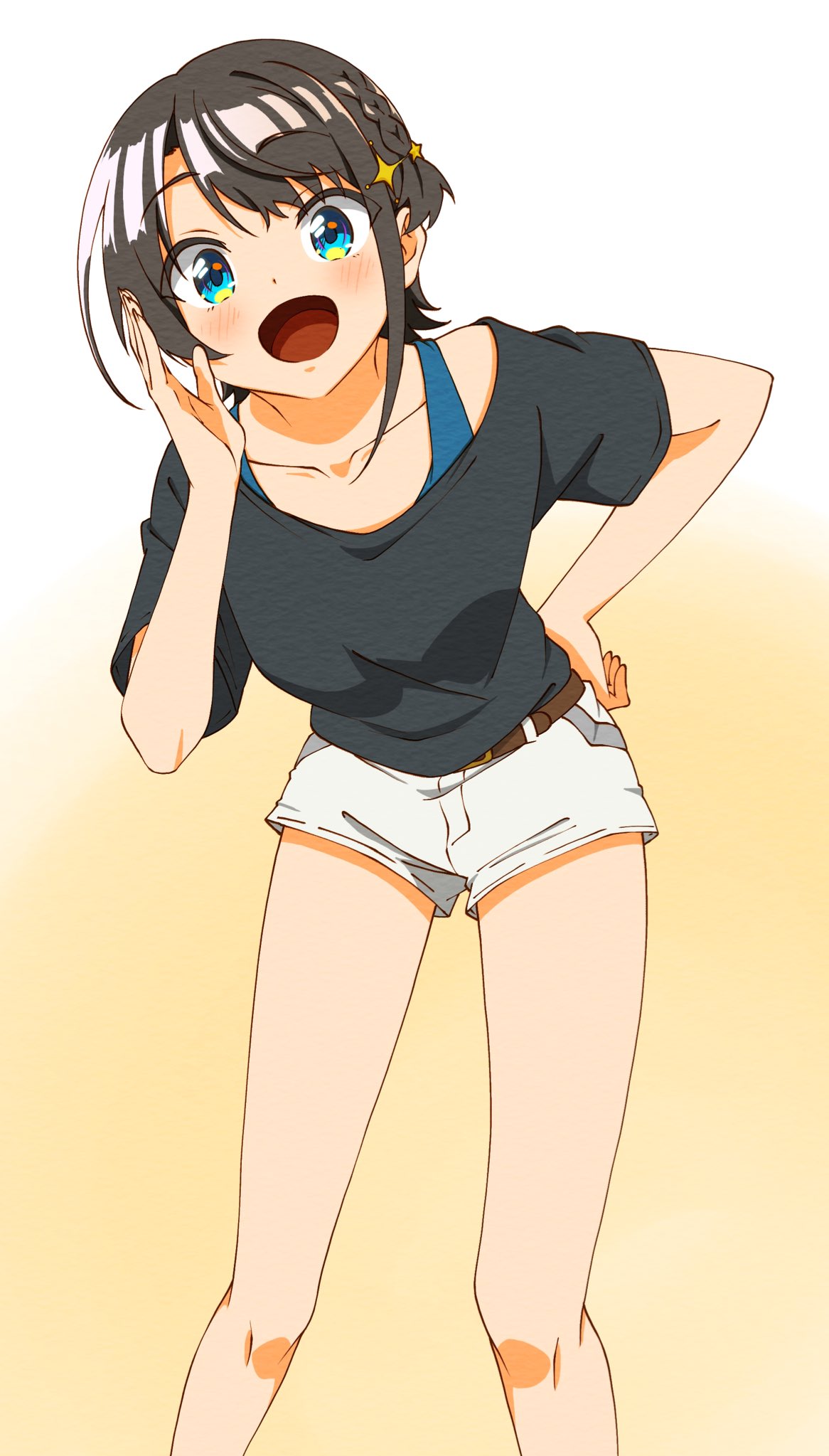 1girl, :d, alternate_costume, aqua_eyes, bangs, black_shirt, blue_tank_top, blush