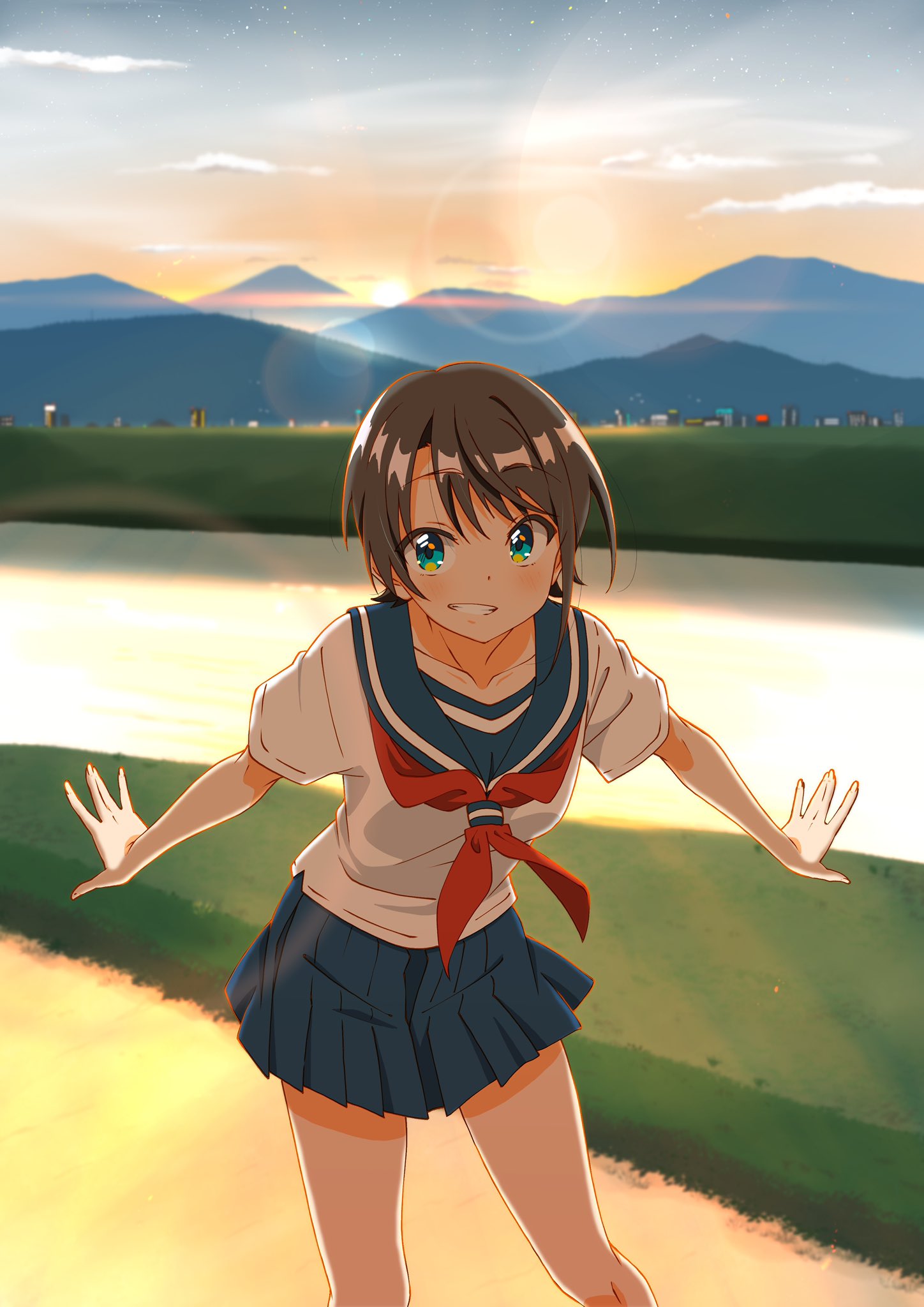 1girl, alternate_costume, aqua_eyes, bangs, blue_skirt, brown_hair, bu-n, commentary_request