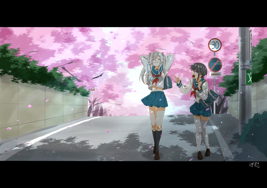 2girls, alternate_costume, black_legwear, blue_skirt, cherry_blossoms, closed_eyes, commentary_request, full_body
