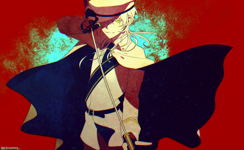 1boy, cape, hat, katana, military, military_hat, military_jacket, military_uniform