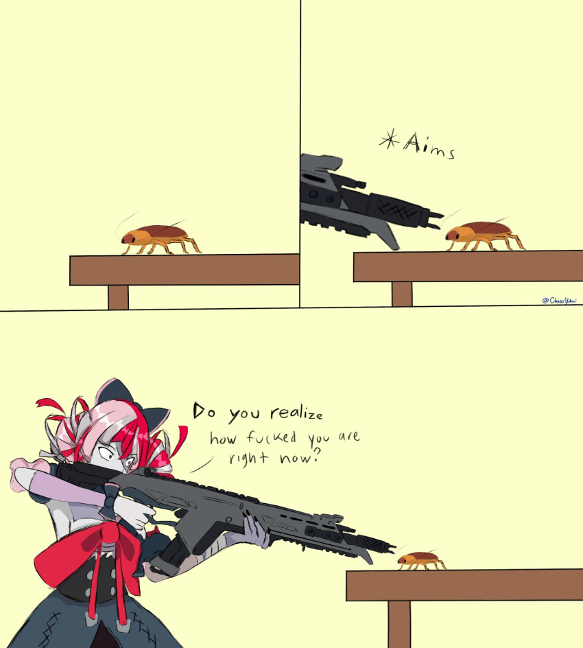 apex_legends, assault_rifle, bandaged_arm, bandages, bangs, black_bow, bow, bug