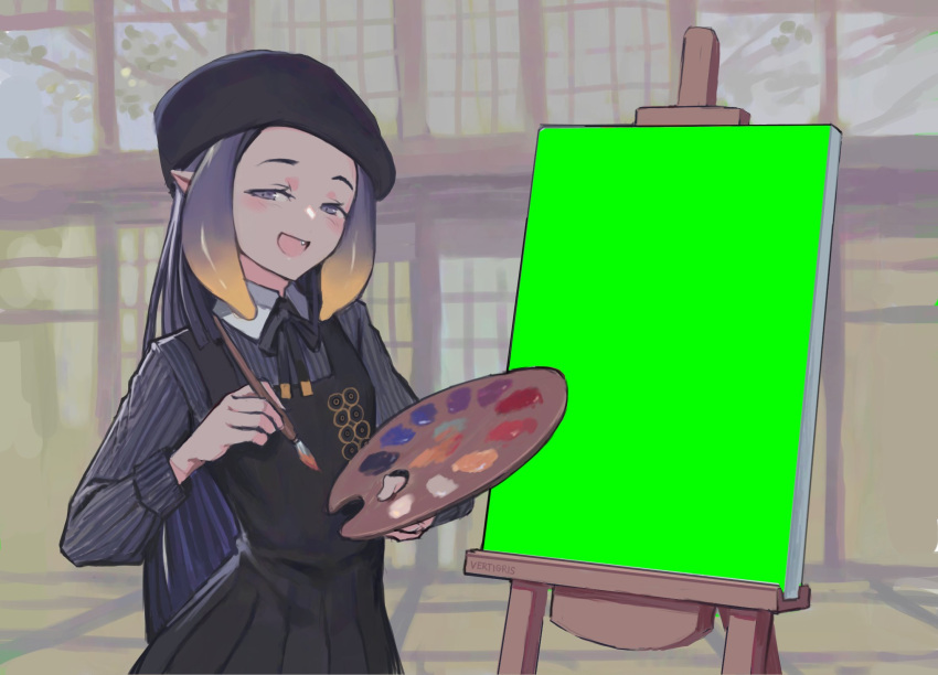 1girl, beret, black_dress, black_headwear, collared_shirt, dress, english_commentary, fang