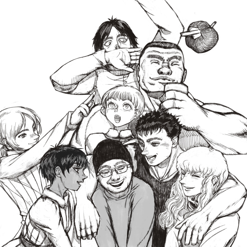 1girl, 6+boys, :d, berserk, casca_(berserk), closed_eyes, commentary, corkus_(berserk)