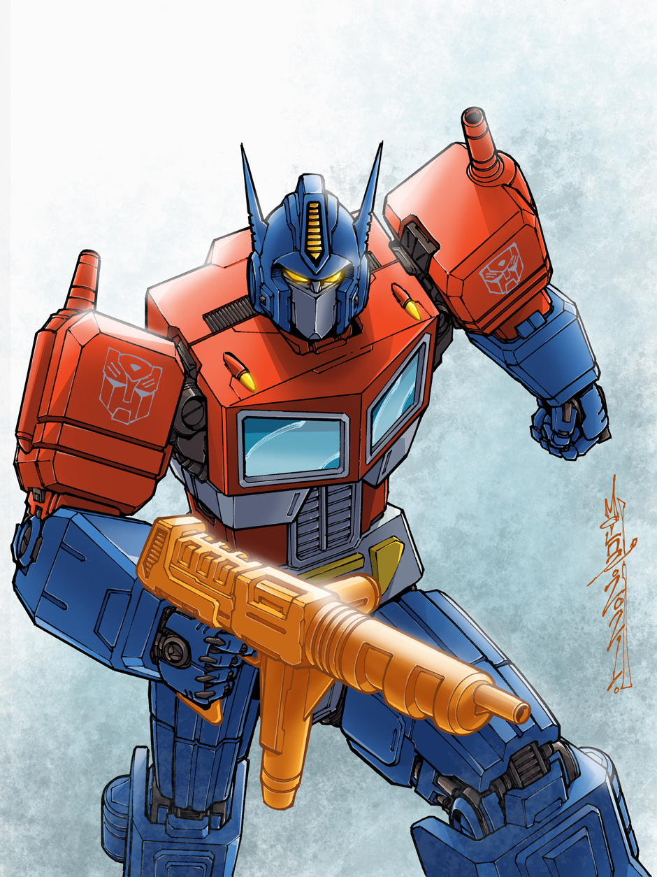 1boy, alex_milne, autobot, clenched_hand, commission, glowing, glowing_eyes, gun