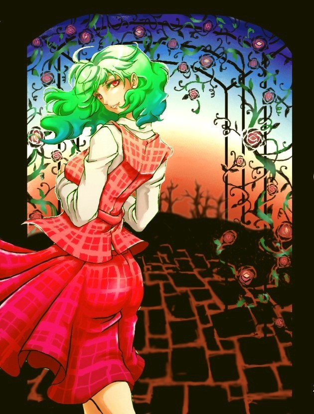 dotturu, flower, green_hair, kazami_yuuka, looking_back, plaid, red_eyes, rose