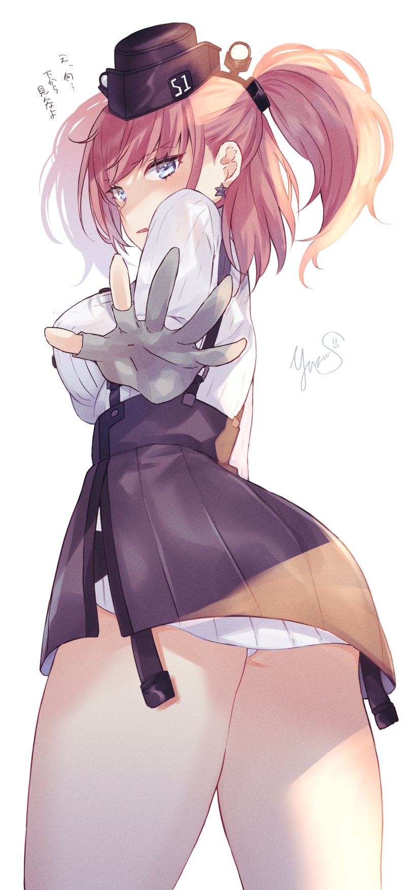 1girl, anchor_hair_ornament, atlanta_(kancolle), black_headwear, black_skirt, breasts, brown_hair, cowboy_shot