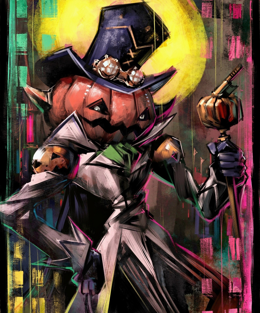 black_gloves, black_headwear, black_pants, coat, commentary, cravat, digimon, digimon_(creature), disutihada, full_moon, gloves, goggles, goggles_on_headwear, grey_coat, grey_eyes, hand_on_hip, hat, high_collar, highres, holding, holding_scepter, jack-o'-lantern, long_sleeves, looking_at_viewer, moon, multicolored, multicolored_background, no_humans, noblepumpmon, pants, pumpkin, scepter, solo