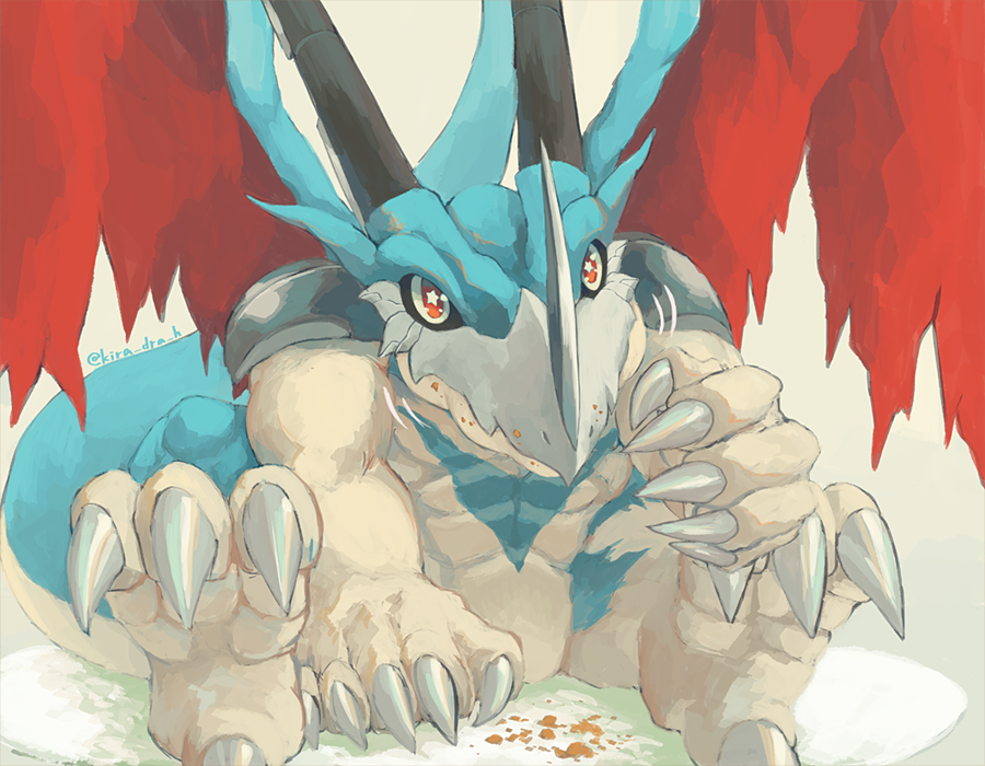 aeroveedramon, claws, closed_mouth, commentary_request, digimon, digimon_(creature), dragon, eating, grey_background, horns, kira_(kira_dra), looking_at_viewer, motion_lines, no_humans, paws, red_eyes, simple_background, sitting, solo, star_(symbol), star_in_eye, symbol_in_eye, twitter_username, wings