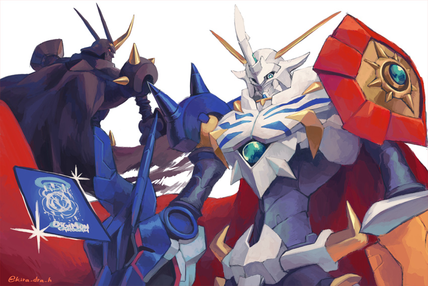 arm_cannon, armor, black_cape, blue_eyes, cape, commentary_request, copyright_name, digimon, digimon_(creature), full_armor, kira_(kira_dra), looking_at_viewer, looking_back, no_humans, omegamon, omegamon_zwart, red_cape, red_eyes, screen, shoulder_armor, shoulder_spikes, simple_background, sparkle, spikes, standing, twitter_username, weapon, white_background