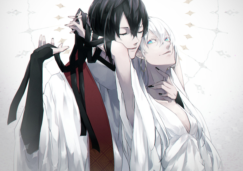 1boy, 1girl, armpits, arms_up, black_hair, black_nails, black_ribbon, black_sweater