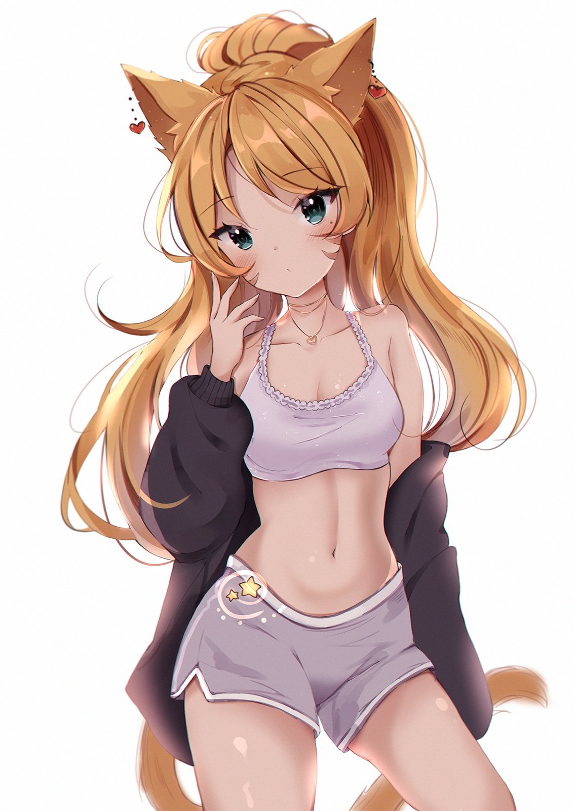 1girl, animal_ears, anyuu, black_sweater, blue_eyes, bra, breasts, brown_hair