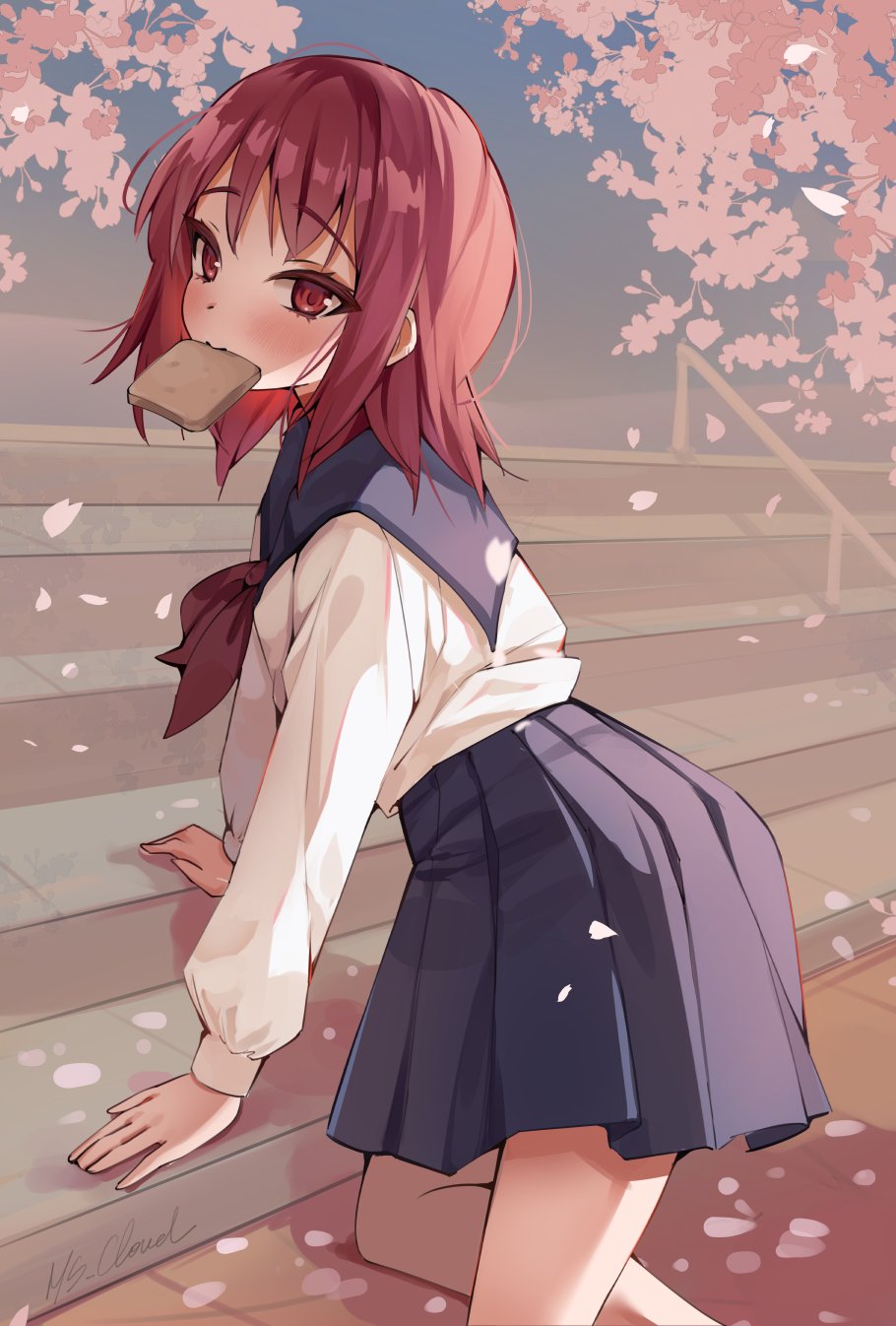 all_fours, angel_beats!, blue_skirt, blush, cherry_blossoms, commentary, feet_out_of_frame, highres