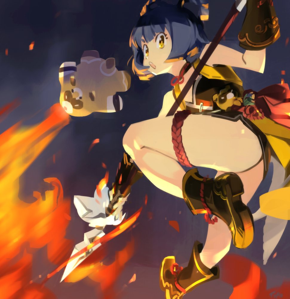 1girl, black_dress, black_footwear, blue_hair, boots, braid, braided_bun, breathing_fire