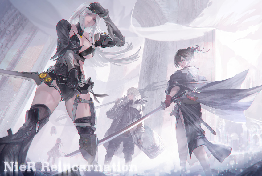 1boy, 3girls, akeha_(nier_reincarnation), alternate_costume, arch, assassin, bangs, black_coat