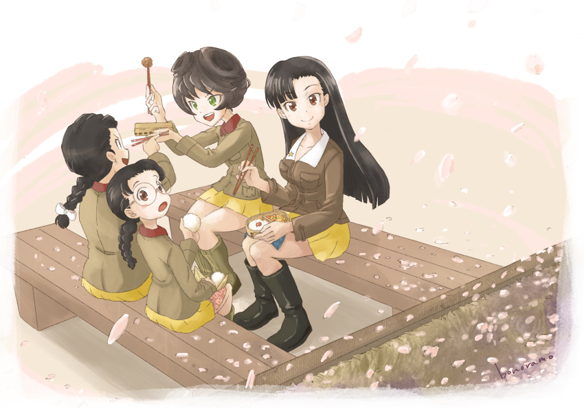 4girls, asymmetrical_bangs, bangs, black_footwear, black_hair, blush_stickers, bonoramo, boots