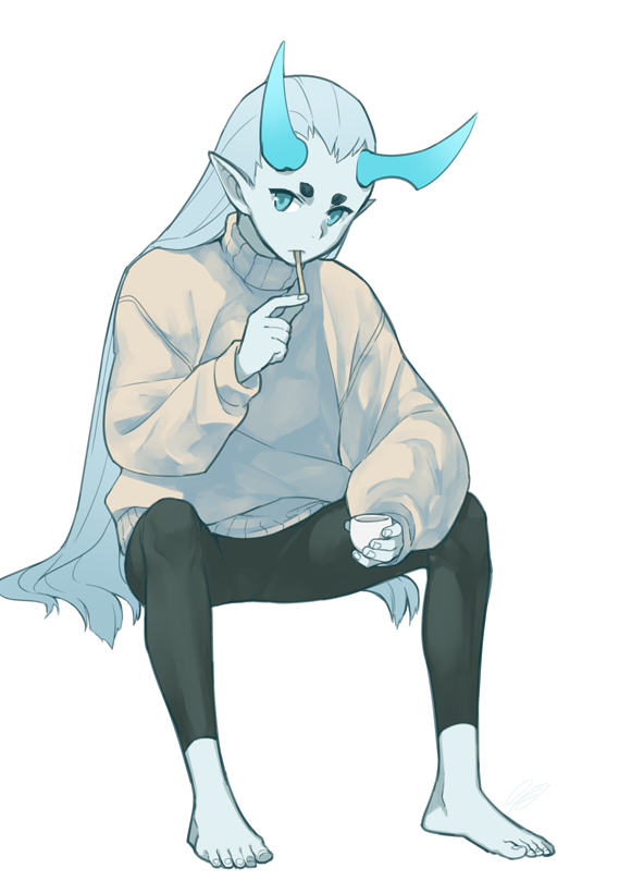 1boy, aqua_eyes, aqua_hair, aqua_horns, barefoot, black_pants, grey_sweater, hand_up, holding, horns, invisible_chair, long_hair, long_sleeves, pants, pointy_ears, rkp, simple_background, sitting, solo, sweater, the_legend_of_luo_xiaohei, very_long_hair, white_background, xuhuai_(the_legend_of_luoxiaohei)