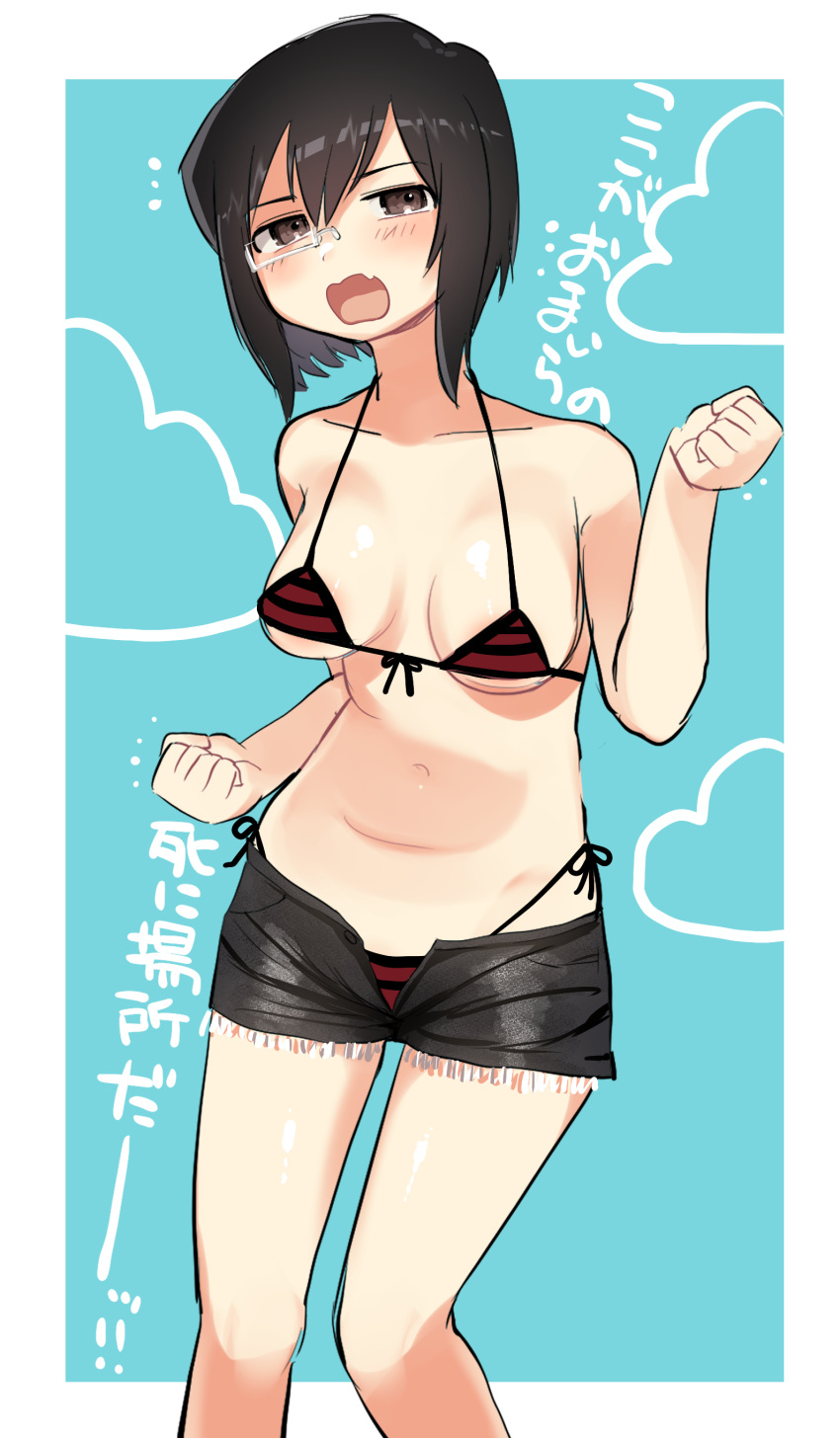 1girl, absurdres, bangs, bikini, black_eyes, black_hair, black_shorts, blush, bob_cut, border, breasts, clenched_hands, commentary, cutoffs, fang, flying_sweatdrops, front-tie_bikini, front-tie_top, frown, gareki_(pandanokami), girls_und_panzer, half-closed_eyes, highres, kawashima_momo, looking_at_viewer, medium_breasts, monocle, navel, open_fly, open_mouth, outside_border, rectangular_eyewear, red_bikini, semi-rimless_eyewear, short_hair, short_shorts, shorts, side-tie_bikini, skin_fang, solo, standing, string_bikini, striped, striped_bikini, swimsuit, translated, under-rim_eyewear, white-framed_eyewear, white_border