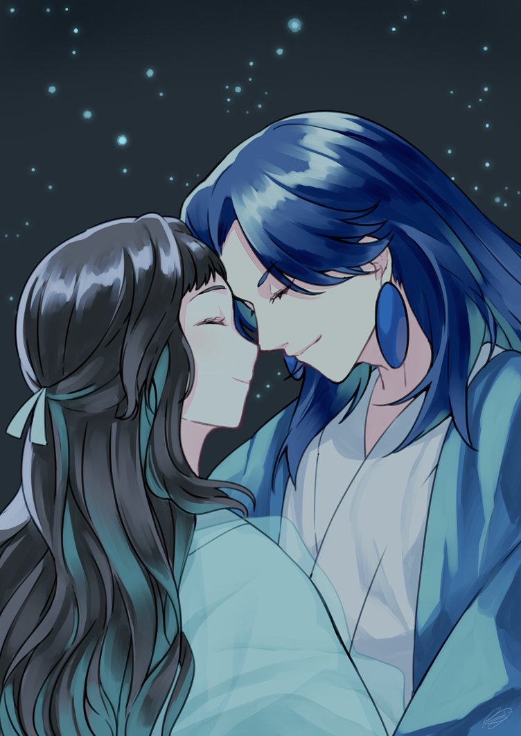 1boy, 1girl, black_background, black_hair, blue_hair, closed_eyes, earrings, jewelry