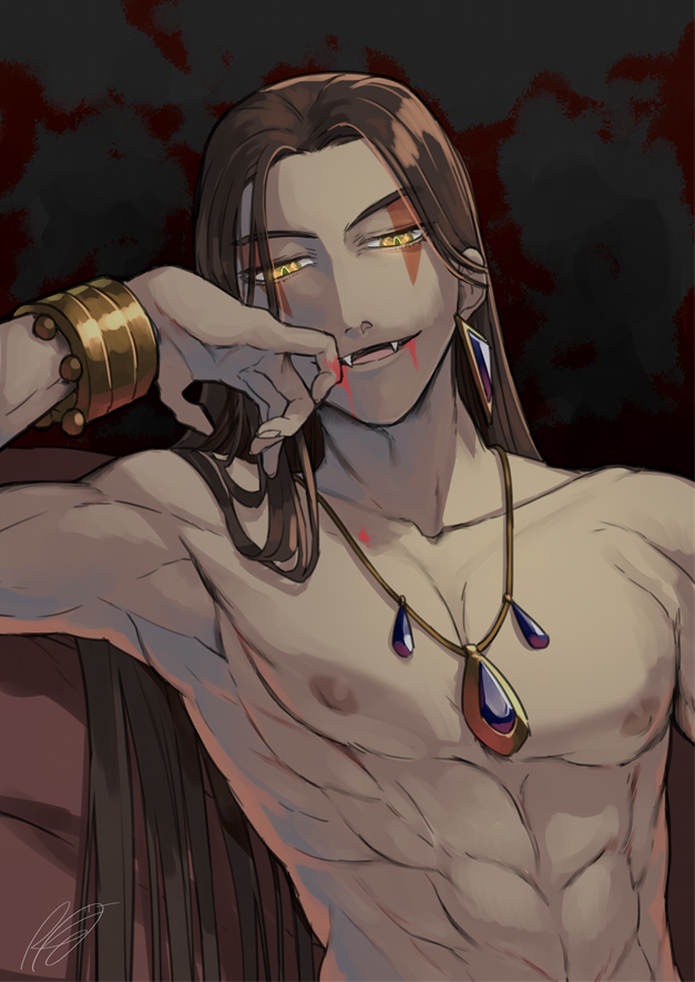 1boy, abs, black_background, black_hair, bracelet, earrings, facial_mark, fangs