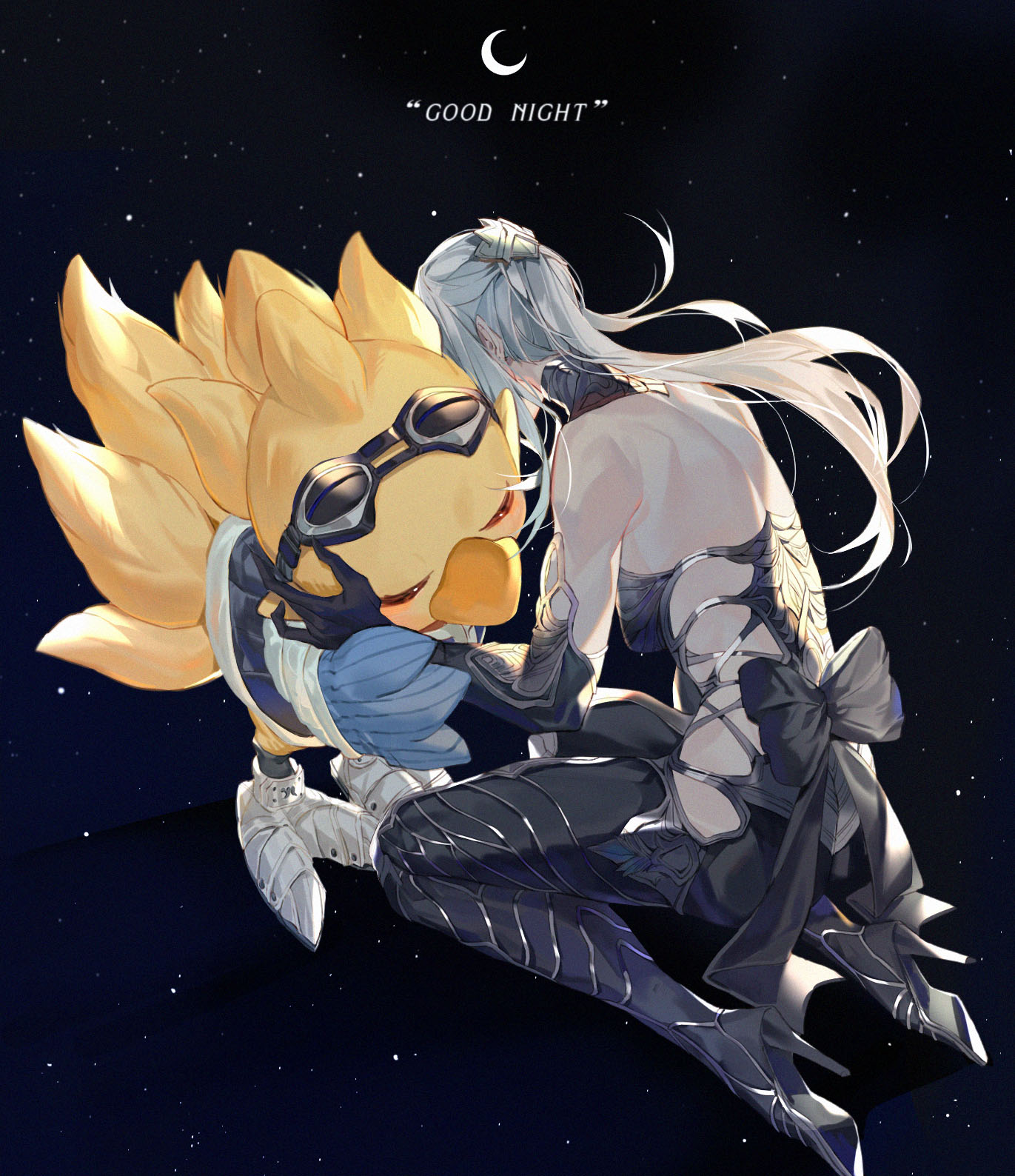1girl, alpha_(ff14), animal, bare_shoulders, black_bodysuit, bodysuit, bow, chocobo