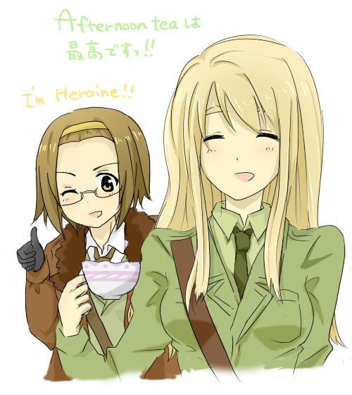 america_(hetalia), america_(hetalia)_(cosplay), axis_powers_hetalia, blonde_hair, brown_hair, cosplay, cup, engrish, eyebrows, glasses, hairband, headband, k-on!, kotobuki_tsumugi, long_hair, multiple_girls, ranguage, tainaka_ritsu, thumbs_up, united_kingdom_(hetalia), united_kingdom_(hetalia)_(cosplay)