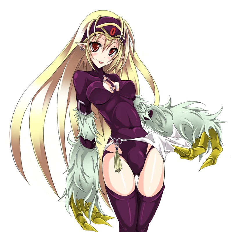 claws, elf, korican, leotard, long_hair, pointy_ears, red_eyes, thigh-highs, thighhighs, tongue