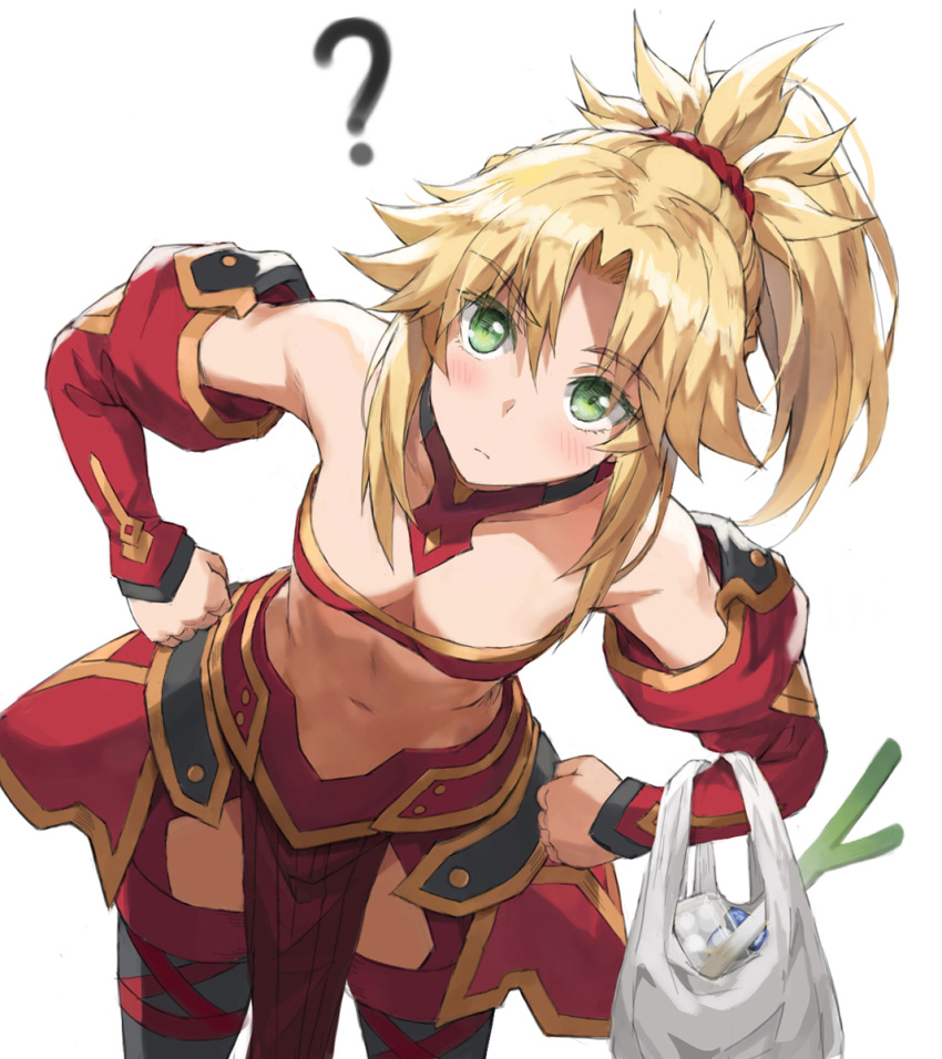 1girl, ?, bag, bandeau, bangs, bare_shoulders, black_legwear, blonde_hair, blush, braid, breasts, collarbone, detached_collar, detached_sleeves, egg_carton, fate/apocrypha, fate_(series), faulds, french_braid, green_eyes, grocery_bag, hair_ornament, hair_scrunchie, highres, leaning_forward, leaning_to_the_side, long_hair, looking_at_viewer, mordred_(fate), mordred_(fate)_(all), navel, parted_bangs, pelvic_curtain, ponytail, scrunchie, shopping_bag, sidelocks, simple_background, small_breasts, spring_onion, thigh-highs, thighs, tonee