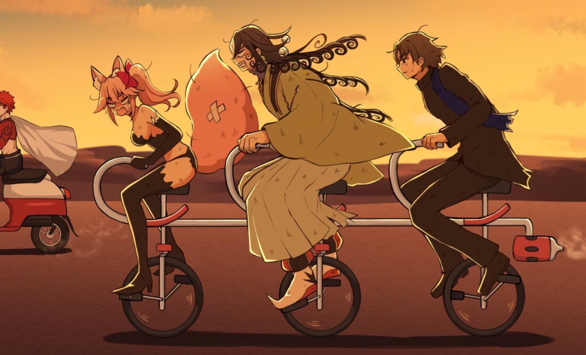 1girl, 3boys, angry, animal_ears, ashiya_douman_(fate), bandages, bell, bicycle