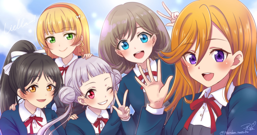 5girls, arashi_chisato, black_hair, blonde_hair, blue_eyes, blue_jacket, blush, brown_eyes