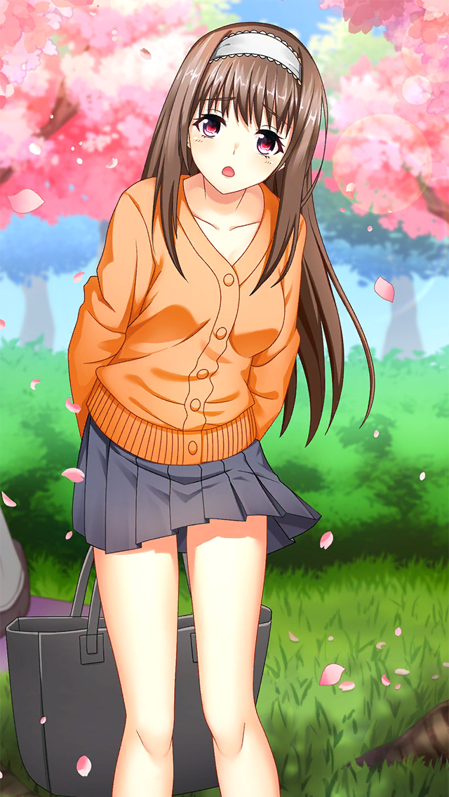 1girl, arms_behind_back, bag, bangs, brown_hair, cardigan, cherry_blossoms, collarbone