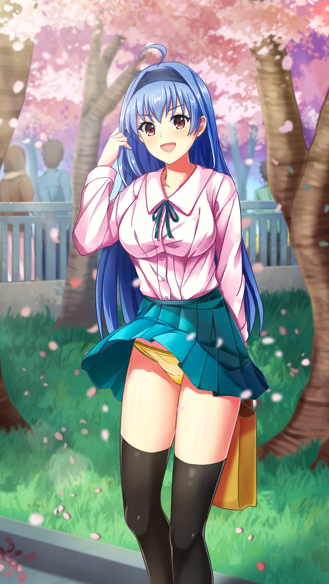 1girl, :d, ahoge, aqua_ribbon, aqua_skirt, bag, bangs, black_headband, black_legwear, blue_hair, breasts, cherry_blossoms, clothes_lift, collared_shirt, day, doukyuusei_another_world, dress_shirt, eyebrows_visible_through_hair, game_cg, hand_in_hair, headband, holding, holding_bag, kakyuusei_2, large_breasts, long_hair, long_sleeves, looking_at_viewer, miniskirt, neck_ribbon, official_art, open_mouth, outdoors, panties, pantyshot, pink_shirt, pleated_skirt, red_eyes, ribbon, school_uniform, shiny, shiny_hair, shirt, skirt, skirt_lift, smile, solo_focus, spring_(season), takatoo_nanase, thigh-highs, underwear, very_long_hair, wind, wind_lift, wing_collar, yellow_panties