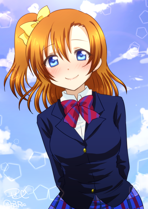 1girl, arms_behind_back, blue_eyes, blue_jacket, blue_skirt, blue_sky, blush, bow, bowtie, closed_mouth, clouds, commentary_request, facing_viewer, jacket, kousaka_honoka, long_hair, looking_at_viewer, love_live!, love_live!_school_idol_project, medium_hair, one_side_up, orange_hair, otonokizaka_school_uniform, plaid, plaid_skirt, pleated_skirt, red_neckwear, ric_(fwpbox), school_uniform, skirt, sky, smile, solo, striped, striped_neckwear, upper_body