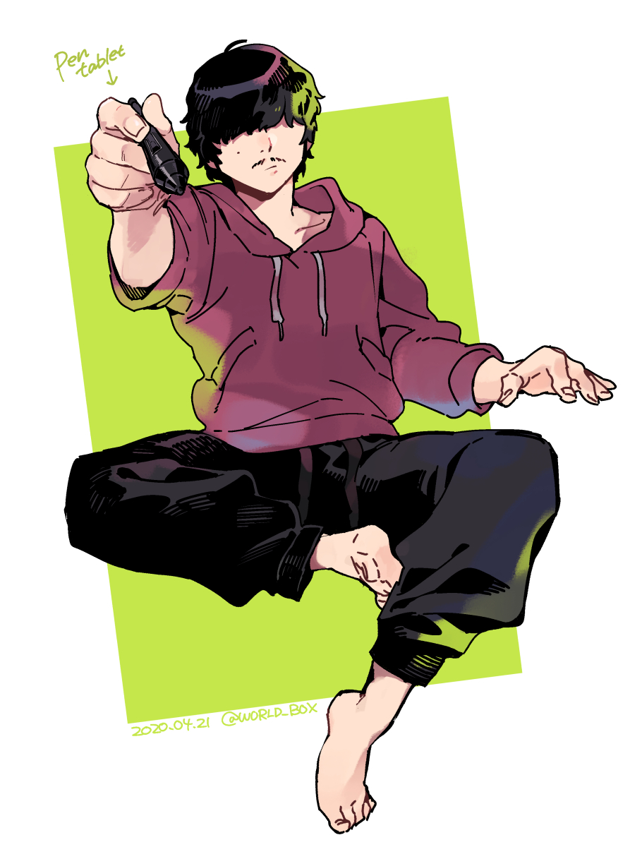 1boy, barefoot, black_hair, black_pants, da_shuang_(the_legend_of_luoxiaohei), drawstring, facial_hair, green_background, hair_over_eyes, highres, holding, holding_stylus, hood, hood_down, hoodie, invisible_chair, long_sleeves, male_focus, mustache, pants, purple_hoodie, short_hair, sitting, solo, stylus, the_legend_of_luo_xiaohei, vox