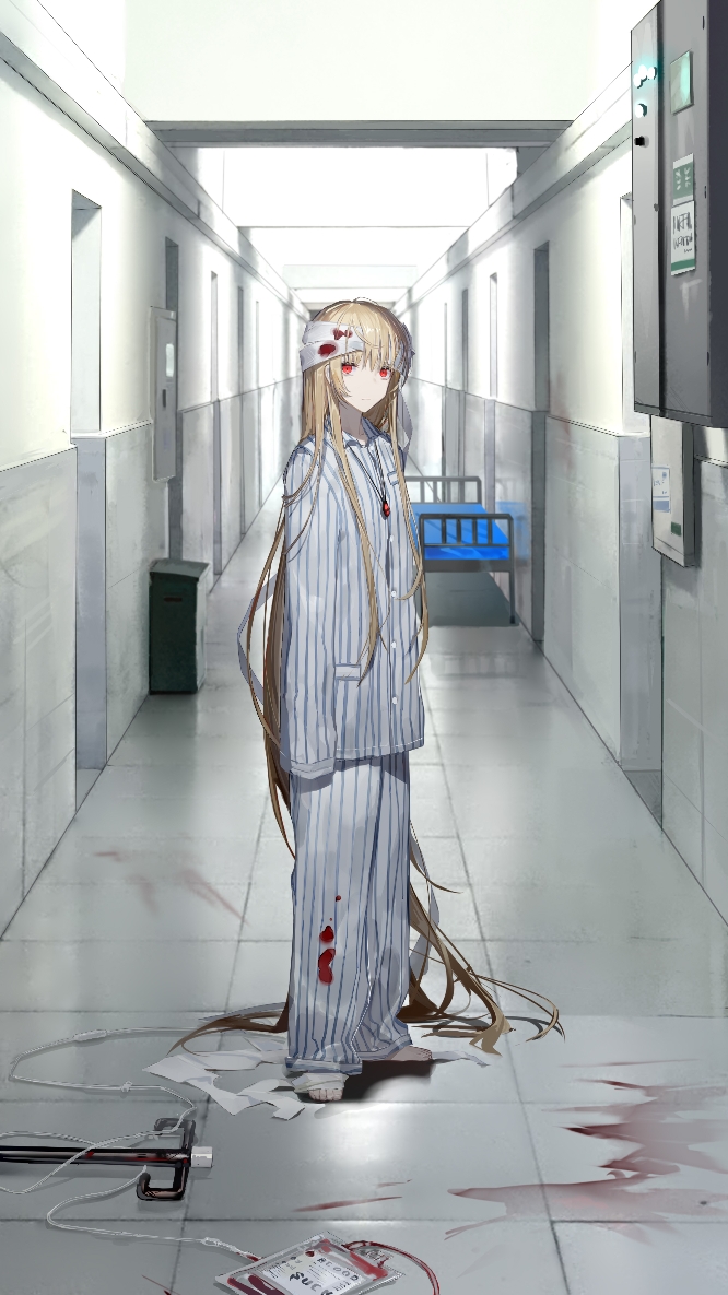 1girl, absurdly_long_hair, arms_at_sides, bandaged_head, bandages, bangs, barefoot, bed