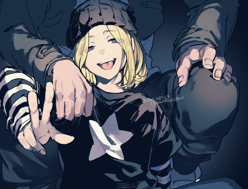 1boy, a'he_(the_legend_of_luoxiaohei), beanie, black_headwear, blonde_hair, dated, eyes_visible_through_hair, grey_eyes