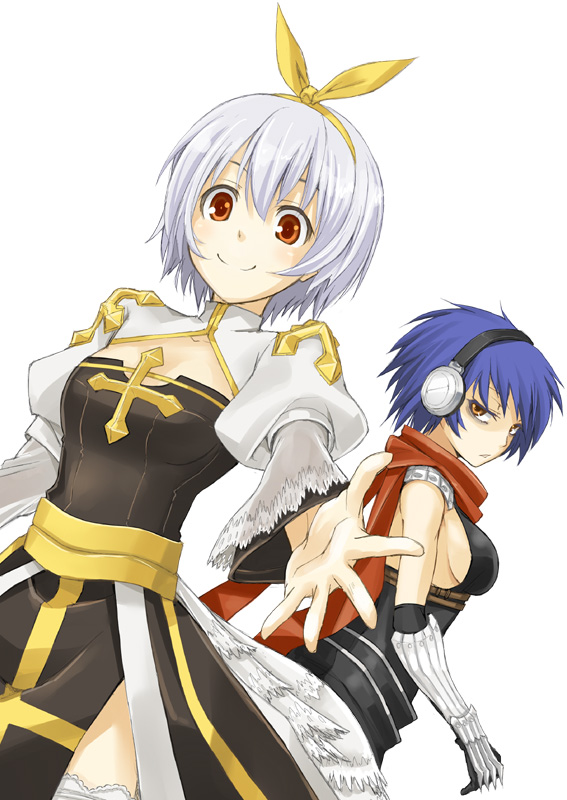 2girls, archbishop_(ragnarok_online), armor, assassin_cross_(ragnarok_online), bags_under_eyes, bangs, black_dress, black_gloves