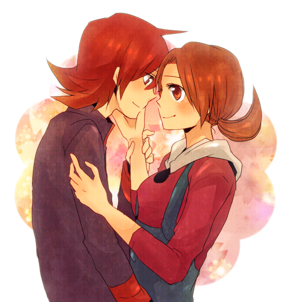 1girl, alternate_costume, blush, brown_hair, couple, hat, kotone_(pokemon), pocky1202, pokemon, pokemon_(game), pokemon_gsc, red_hair, redhead, silver_(pokemon), silver_(pokemon)_(remake), twintails
