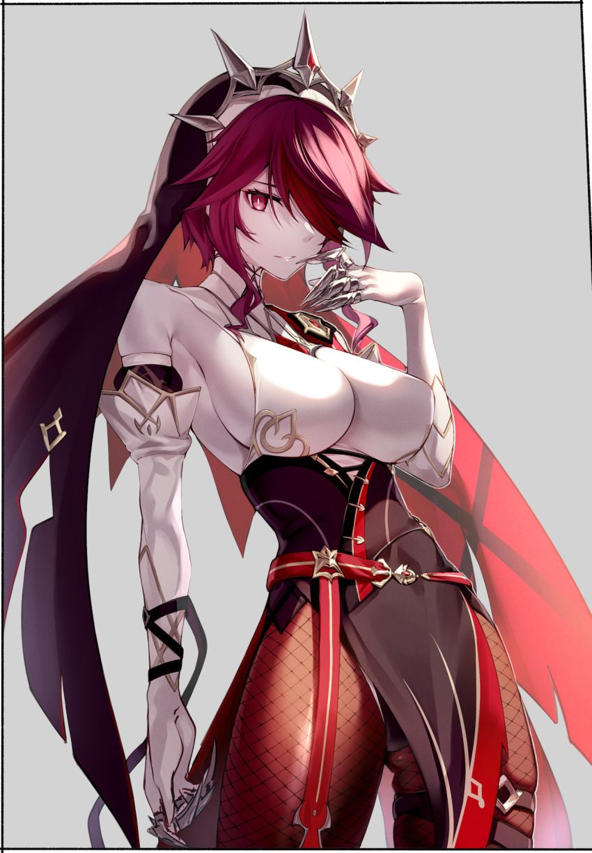 1girl, breasts, brown_legwear, claw_ring, coif, fishnet_legwear, fishnets, genshin_impact