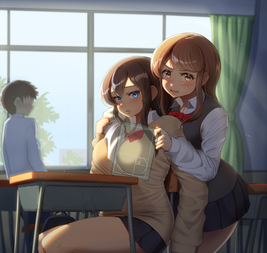 1boy, 2girls, between_breasts, blue_eyes, blush, bow, bowtie, breasts, brown_hair, brown_sweater, chair, classroom, curtains, desk, fibonacci_sequence, golden_spiral, hair_between_eyes, indoors, large_breasts, long_hair, long_sleeves, looking_at_viewer, maku_ro, multiple_girls, original, red_bow, school_chair, school_desk, school_uniform, sitting, skirt, sweater, window