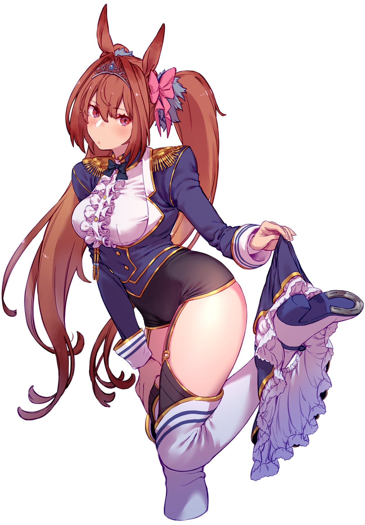 1girl, animal_ears, bangs, black_legwear, black_shorts, blue_jacket, blue_skirt, blush