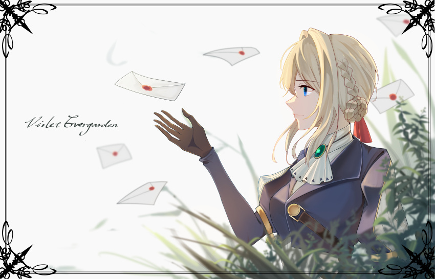 1girl, absurdres, bangs, blonde_hair, blue_eyes, blue_jacket, braid, brooch, brown_gloves, character_name, collar, english_text, eyebrows_visible_through_hair, french_braid, gloves, hair_between_eyes, hair_ribbon, hand_up, highres, jacket, jewelry, juliet_sleeves, letter, long_sleeves, looking_to_the_side, plant, puffy_sleeves, ribbon, simple_background, solo, violet_evergarden, violet_evergarden_(character), white_background, ziranyuan
