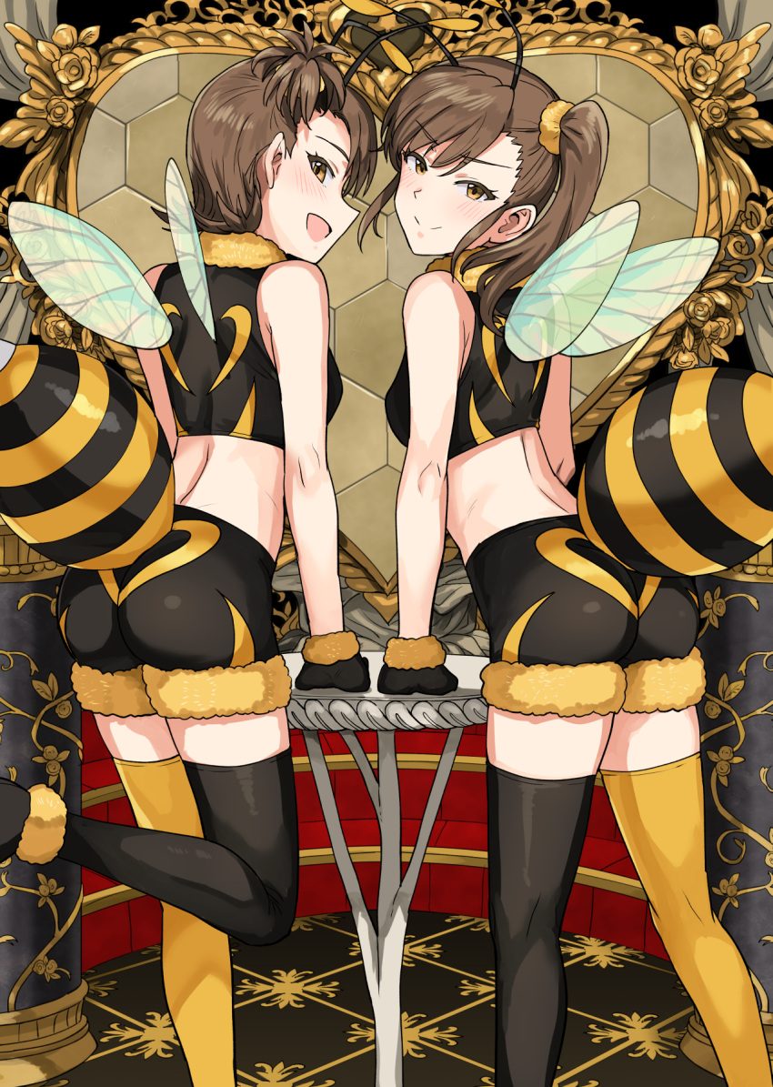 >:), 2girls, :d, antennae, ass, black_gloves, black_legwear, black_shorts, blush, breasts, brown_eyes, closed_mouth, commentary_request, crop_top, fake_antennae, fake_wings, from_behind, fur-trimmed_gloves, fur-trimmed_shorts, fur_collar, fur_trim, futami_ami, futami_mami, gloves, hair_ornament, hair_scrunchie, heart, highres, idolmaster, idolmaster_(classic), insect_wings, leg_up, looking_at_viewer, looking_back, mismatched_legwear, multiple_girls, one_side_up, open_mouth, scrunchie, short_hair, shorts, siblings, side_ponytail, sleeveless, small_breasts, smile, standing, standing_on_one_leg, table, thigh-highs, tsurui, twins, wings, yellow_legwear